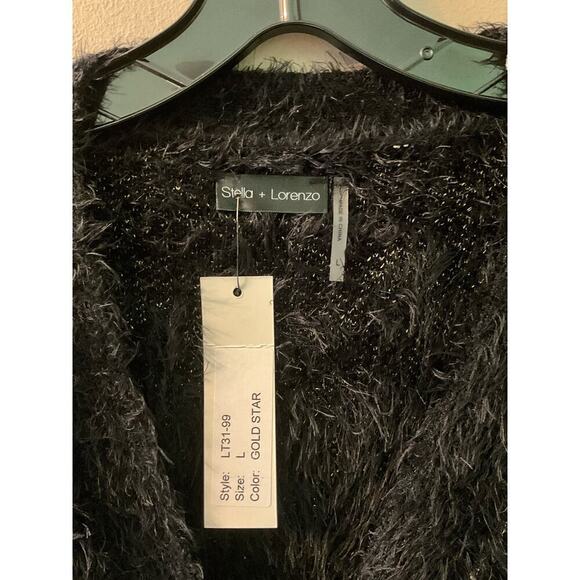 Stella + Lorenzo Jacquard Cardigan Sweater Women's L Black Long Sleeve Faux Fur - Picture 6 of 7